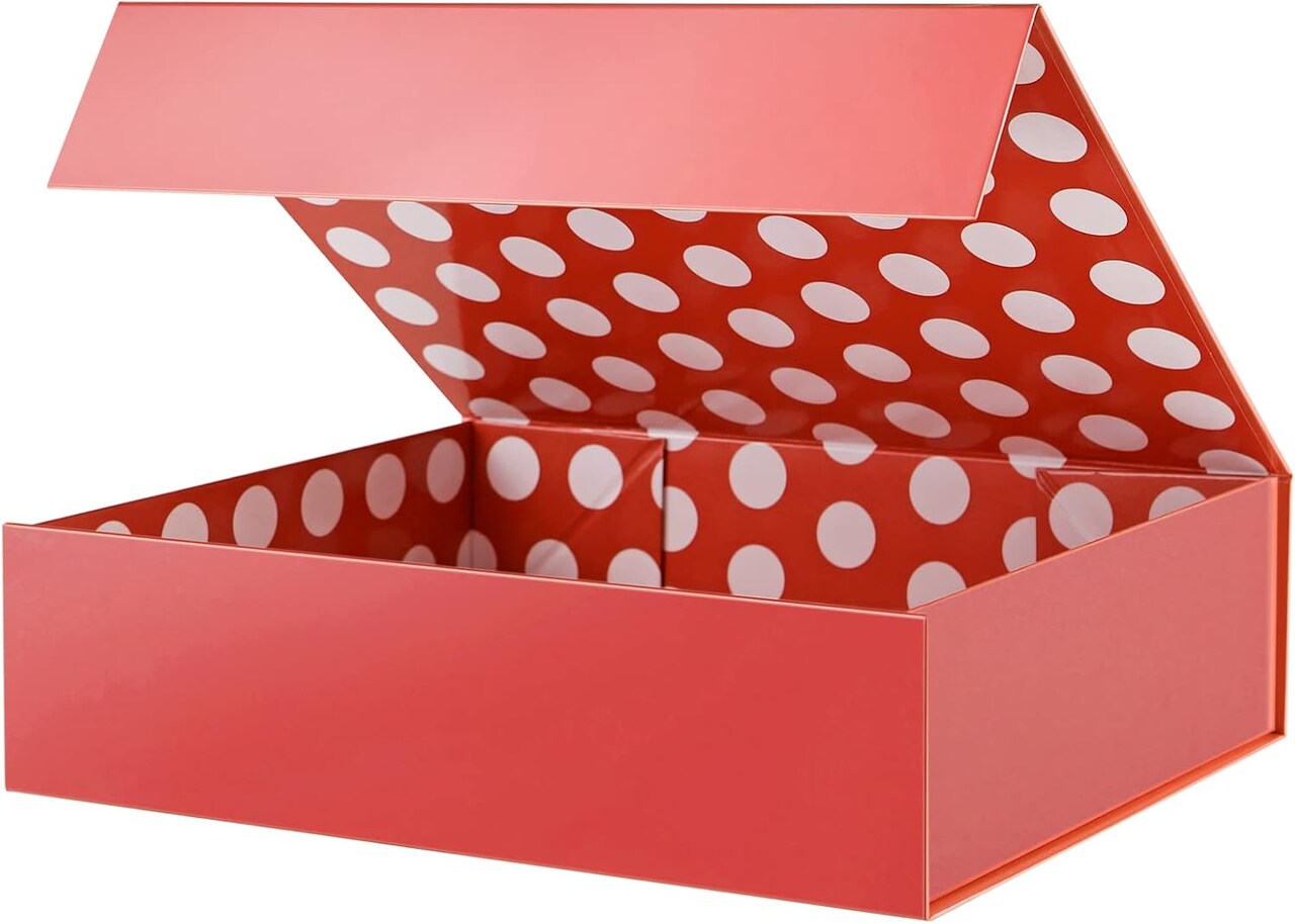 ift Box 13x9.7x3.4 Inches, Large Red Gift Box with Lid for Presents, Mom Day Magnetic Shirt Gift Boxes for Clothes (Glossy Metallic Red, Dot Design Inside)